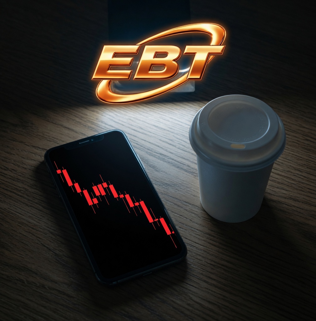 A red chart, a cup, and the EBT mark on a dark desk